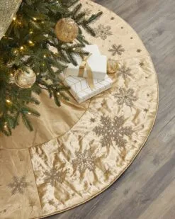 64" Metallic Gold Dupion With Beaded Snowflakes Tree Skirt