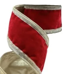 4" X 5 YD Red Velvet With Gold Crystal Edged Ribbon