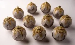 4" Champagne Sequin Leaves & Grey Ball Set Of 12