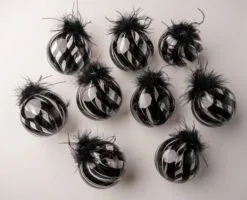 5" Black Feathered Glass Ball Ornament Set Of 9
