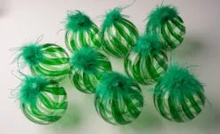 5" Green Feathered Glass Ball Ornament Set Of 9
