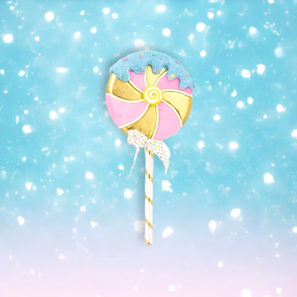 28" Pink & Gold Swirl Lollipop Pick With Blue Icing 3 28" Pink & Gold Swirl Lollipop Pick With Blue Icing