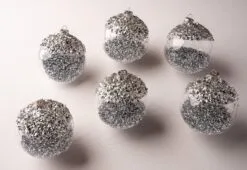 5" Silver Glass With Glitter Ornament Set Of 6
