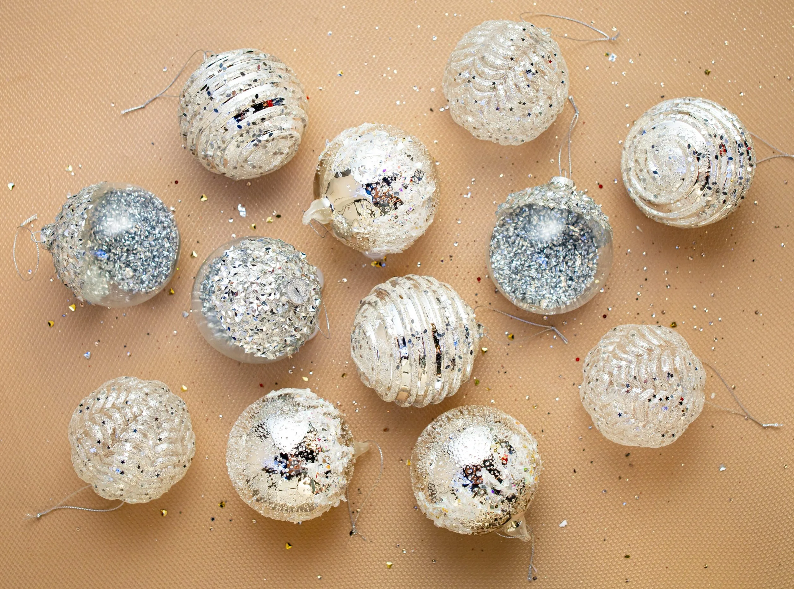 4" Crystal & Silver Decorative Glittered Ornament Assorted Set Of 12 3 4" Crystal & Silver Decorative Glittered Ornament Assorted Set Of 12