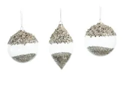 4" Crystal Silver Glitter Ornaments Assorted Set Of 12