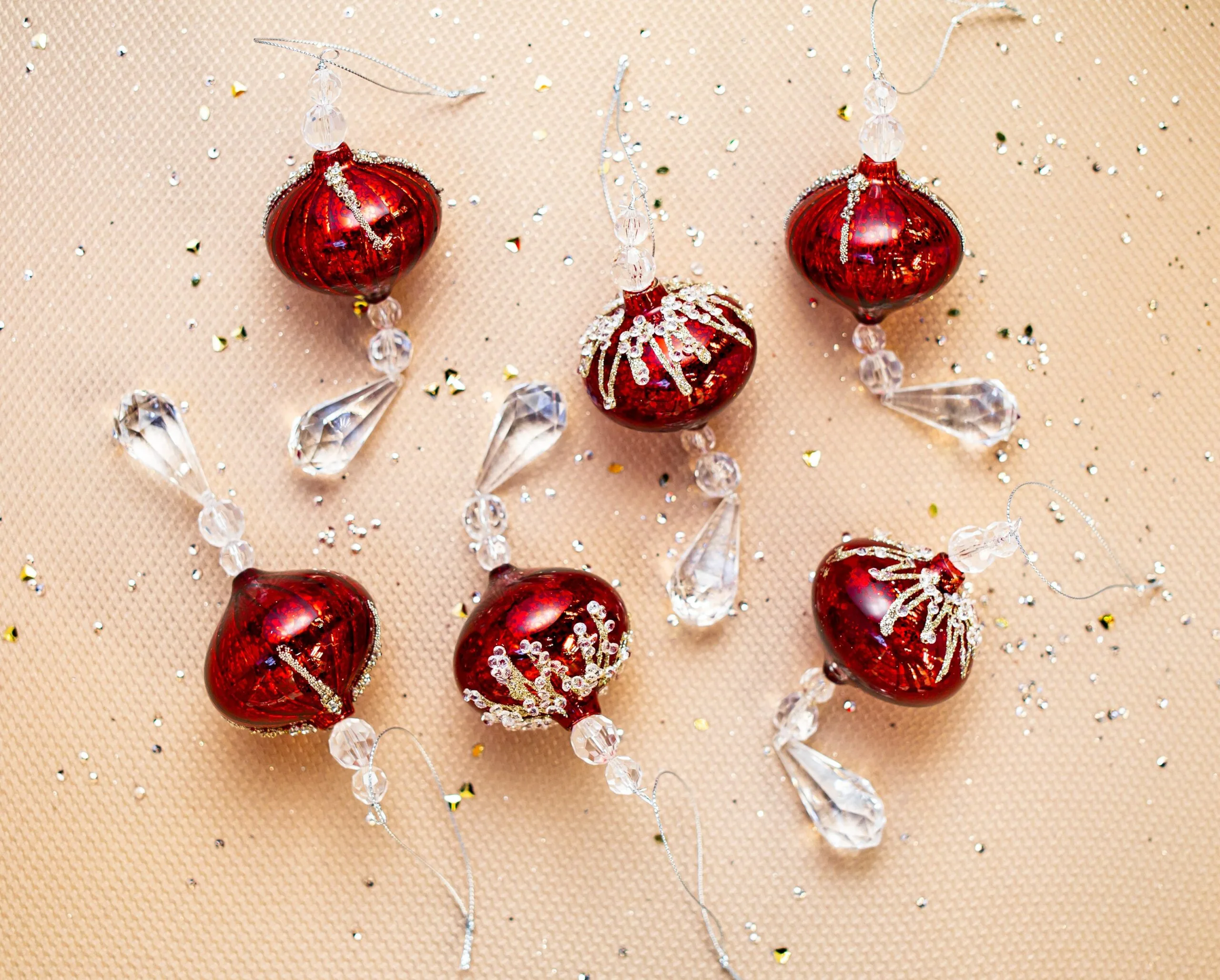 7" Red Mercury Jeweled Onion Drop Sets Of 6 3 7" Red Mercury Jeweled Onion Drop Sets Of 6