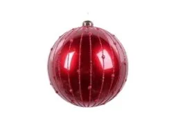 4" Burgundy With Beaded Glitter Stripes Ornament Set Of 12