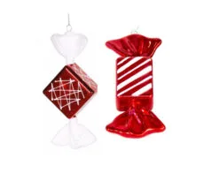 4" Red & White Shiny Candy Ornament Set Of 6