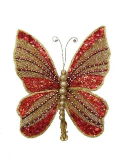 8" Red & Gold Glitter Butterfly Set Of 6