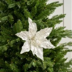 12" White & Silver Jewel Poinsettia Set Of 6 8 12" White & Silver Jewel Poinsettia Set Of 6 -Christmas decorations 0671409516 1