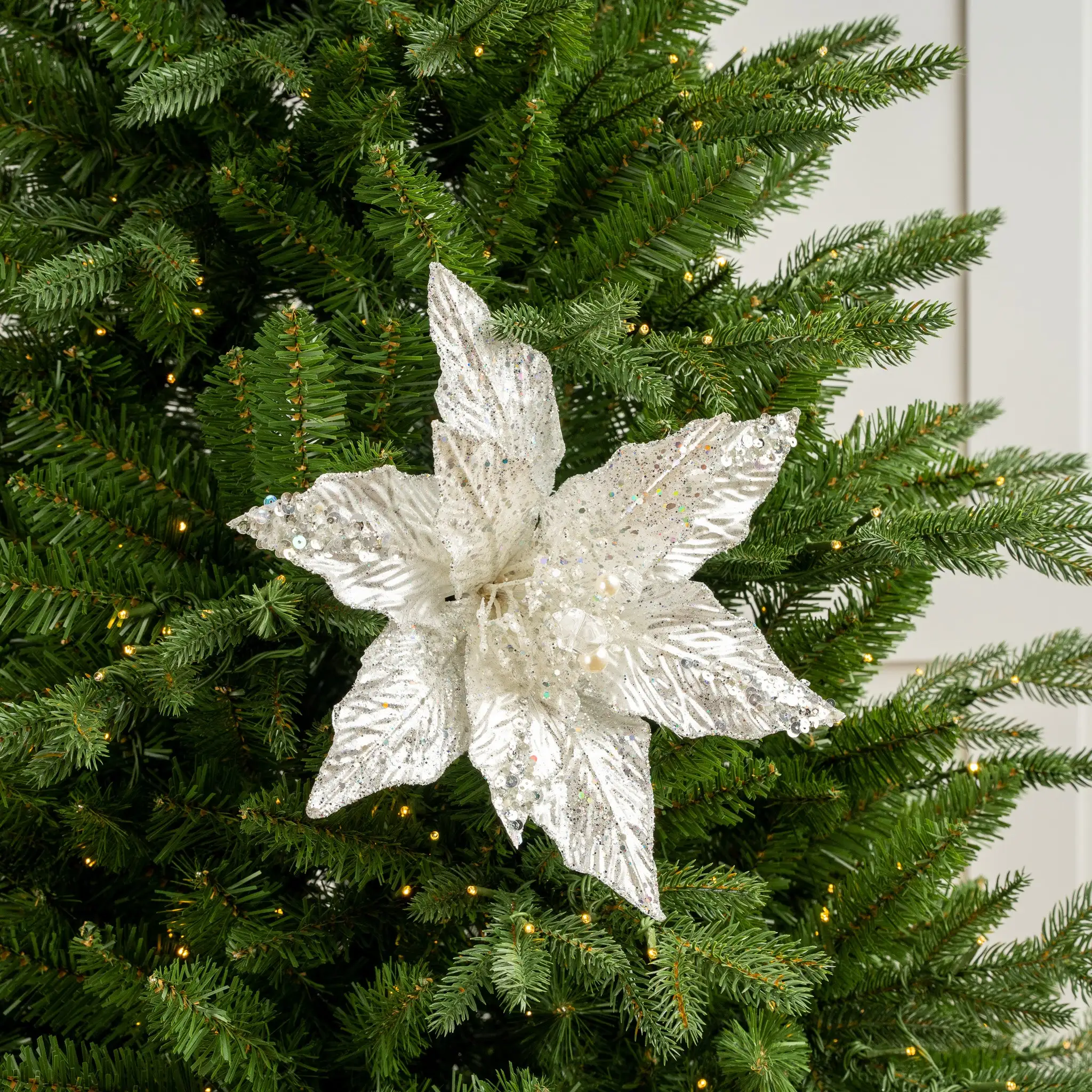 12" White & Silver Jewel Poinsettia Set Of 6 5 12" White & Silver Jewel Poinsettia Set Of 6 - Image 3