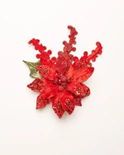 13" Red Poinsettia With Leaves Set Of 4