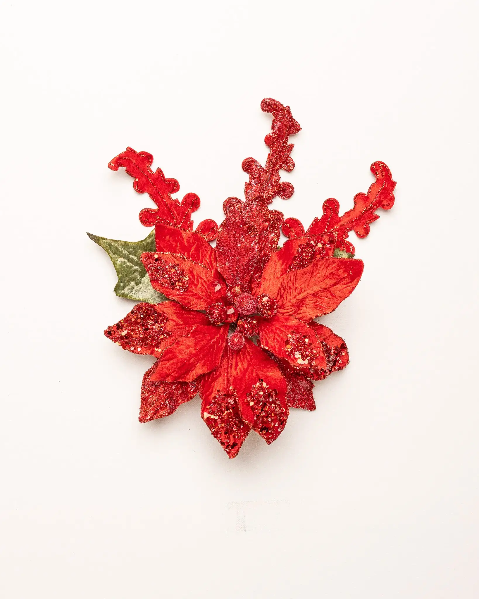 13" Red Poinsettia With Leaves Set Of 4 3 13" Red Poinsettia With Leaves Set Of 4