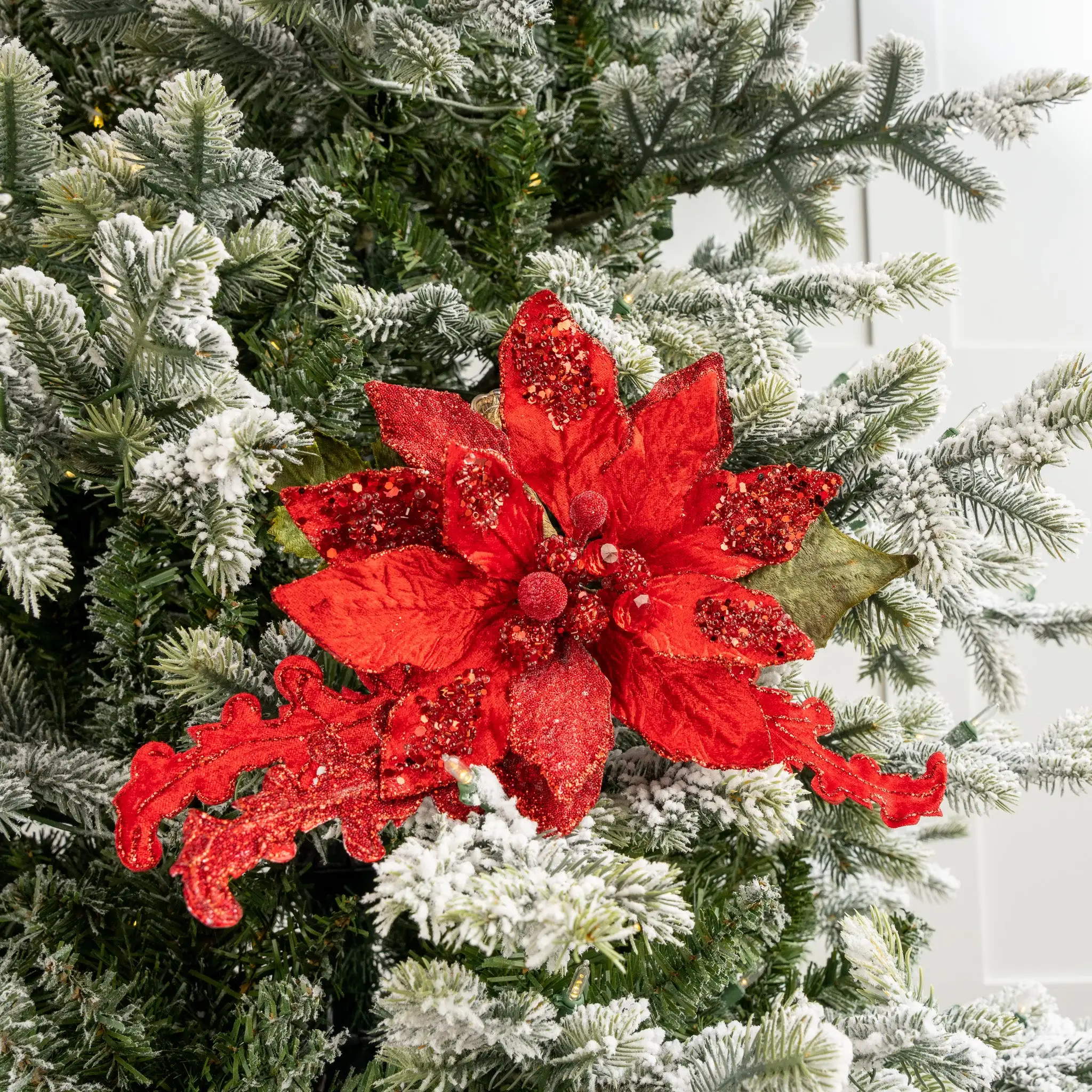 13" Red Poinsettia With Leaves Set Of 4 4 13" Red Poinsettia With Leaves Set Of 4 - Image 2