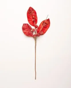 8" Red & Gold Magnolia Berry Leaf Branch Set Of 6