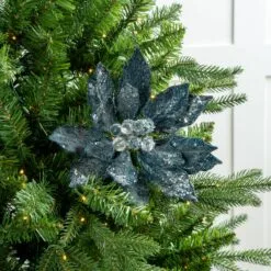 18" Steel Blue Poinsettia Stem Set Of 6 -Christmas decorations 0671409785 2