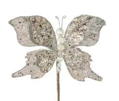 6" Silver Glitter Butterfly Pick Set Of 6
