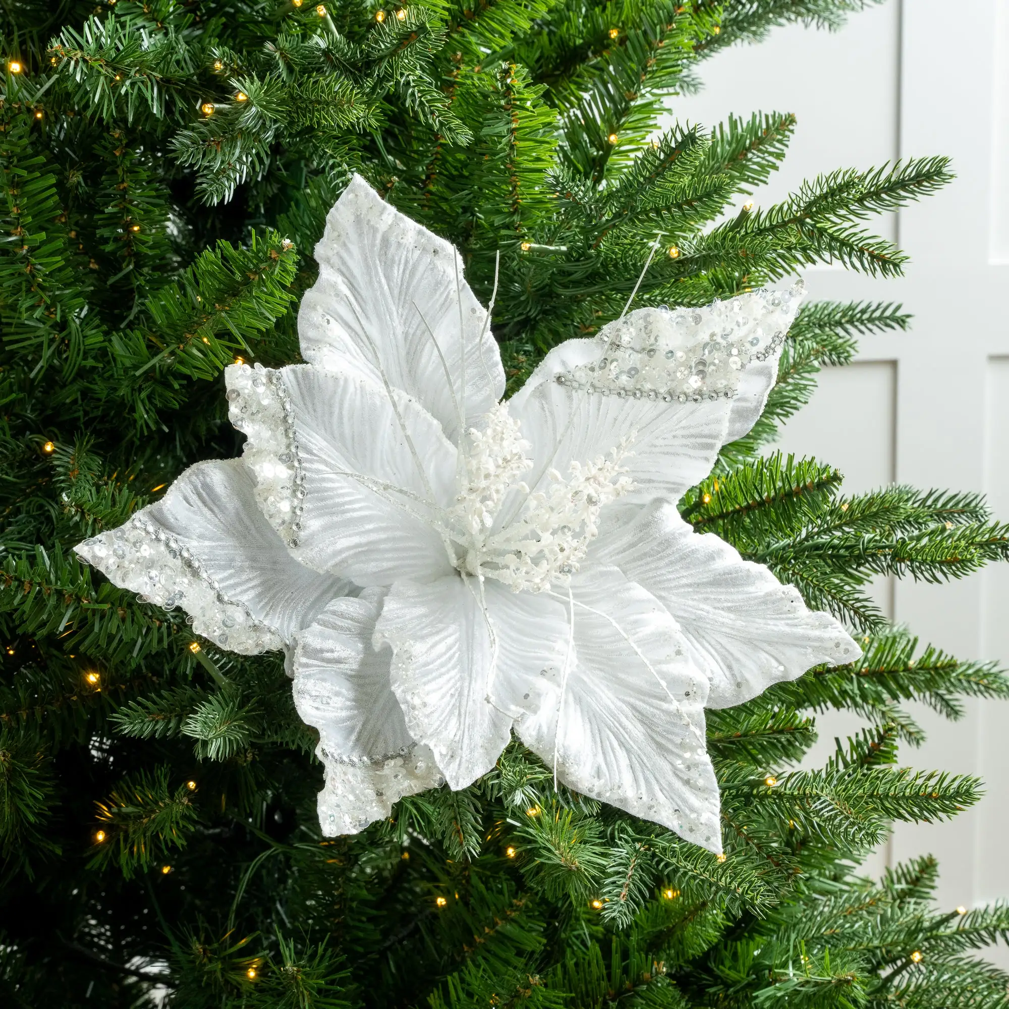 15" Green Poinsettia Velvet Pick Set Of 6 4 15" Green Poinsettia Velvet Pick Set Of 6 - Image 2