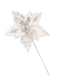 17" Silver Glitter Poinsettia Stem Set Of 6