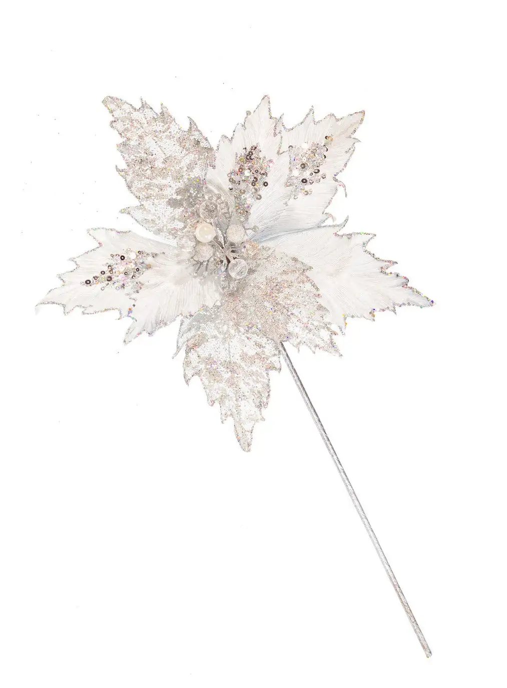 17" Silver Glitter Poinsettia Stem Set Of 6 3 17" Silver Glitter Poinsettia Stem Set Of 6