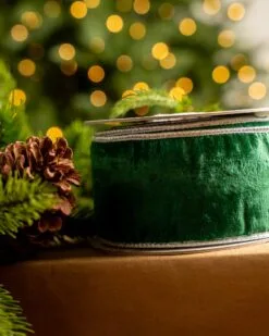 2.5" X 10YD Emerald Velvet Ribbon With Silver Back & Edge -Christmas decorations 0671473002 2