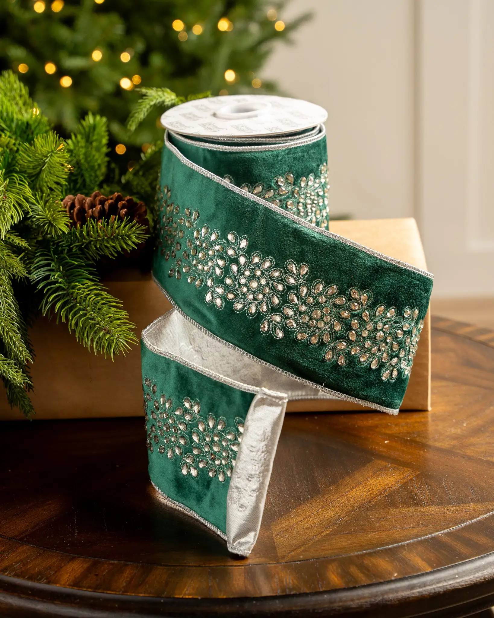 4" X5YD Green Velvet Ribbon With Silver Floral Jewel 3 4" X5YD Green Velvet Ribbon With Silver Floral Jewel