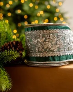 4" X5YD Emerald Velvet Ribbon Beaded In Silver