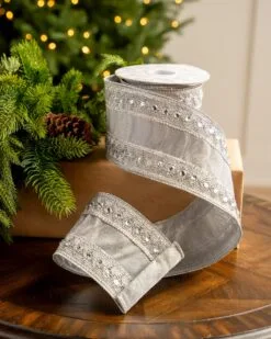 4" X5YD Silver Ribbon With Beaded Trim