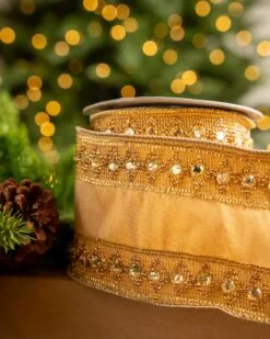 4" X5YD Gold Ribbon With Beaded Trim -Christmas decorations 0671474029 2