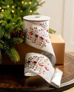 4" X5YD White Velvet Ribbon With Red Jewels