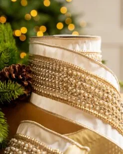 4" X5YD White Ribbon With Lattice Pearls -Christmas decorations 0671474071 2
