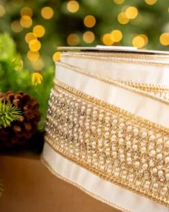 4" X5YD White Ribbon With Lattice Pearls -Christmas decorations 0671474071 3