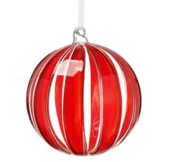7" Red Clear Striped Glass Ball Ornament