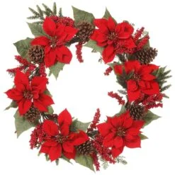 30" Red Poinsettia Pine Cone Wreath