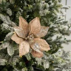 27" Taupe Velvet Sequin Poinsettia Stem Set Of 12 -Christmas decorations 4390201574 1