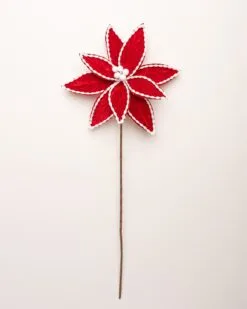 24" Red & White Cotton Beaded Poinsettia Set Of 12