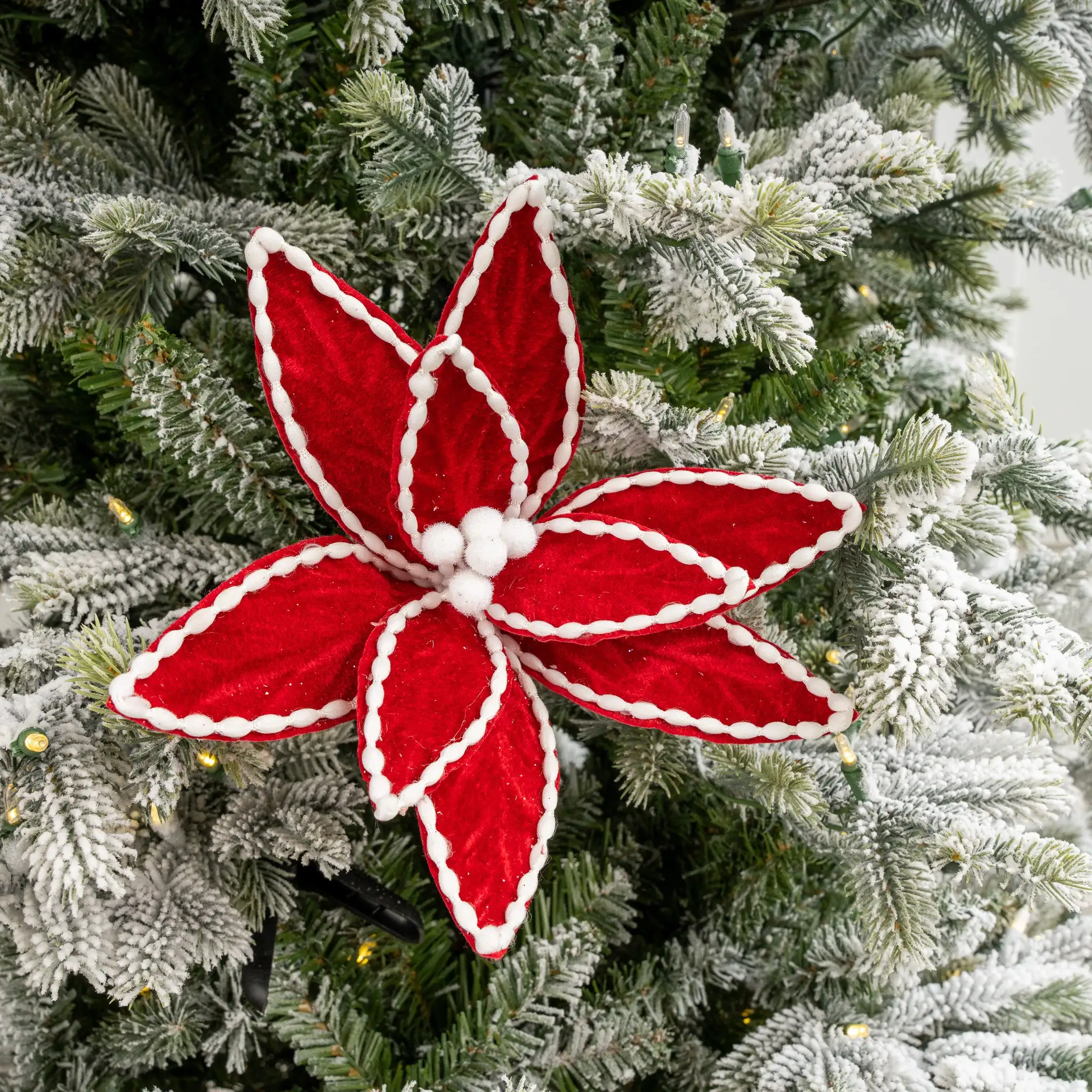 24" Red & White Cotton Beaded Poinsettia Set Of 12 4 24" Red & White Cotton Beaded Poinsettia Set Of 12 - Image 2