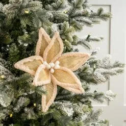 20" Burlap Faux Fur Edge Poinsettia Set Of 12 -Christmas decorations 4390277422 2