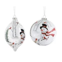 5"-7" Glass Snowmen With Cardinals Assorted Ornament Set Of 6