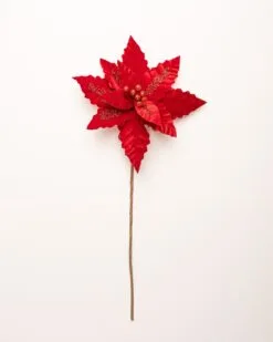 24" Velvet Sequin Stripe Poinsettia Stem Set Of 12