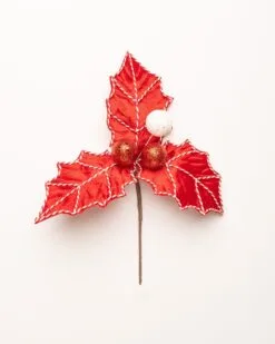 15" Velvet Peppermint Large Holly Pick Set Of 12