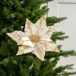 24" Ivory Velvet Glitter Sequined Poinsettia Set Of 12 -Christmas decorations 4390302690 1