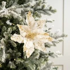 24" Ivory Velvet Glitter Sequined Poinsettia Set Of 12 -Christmas decorations 4390302690 2