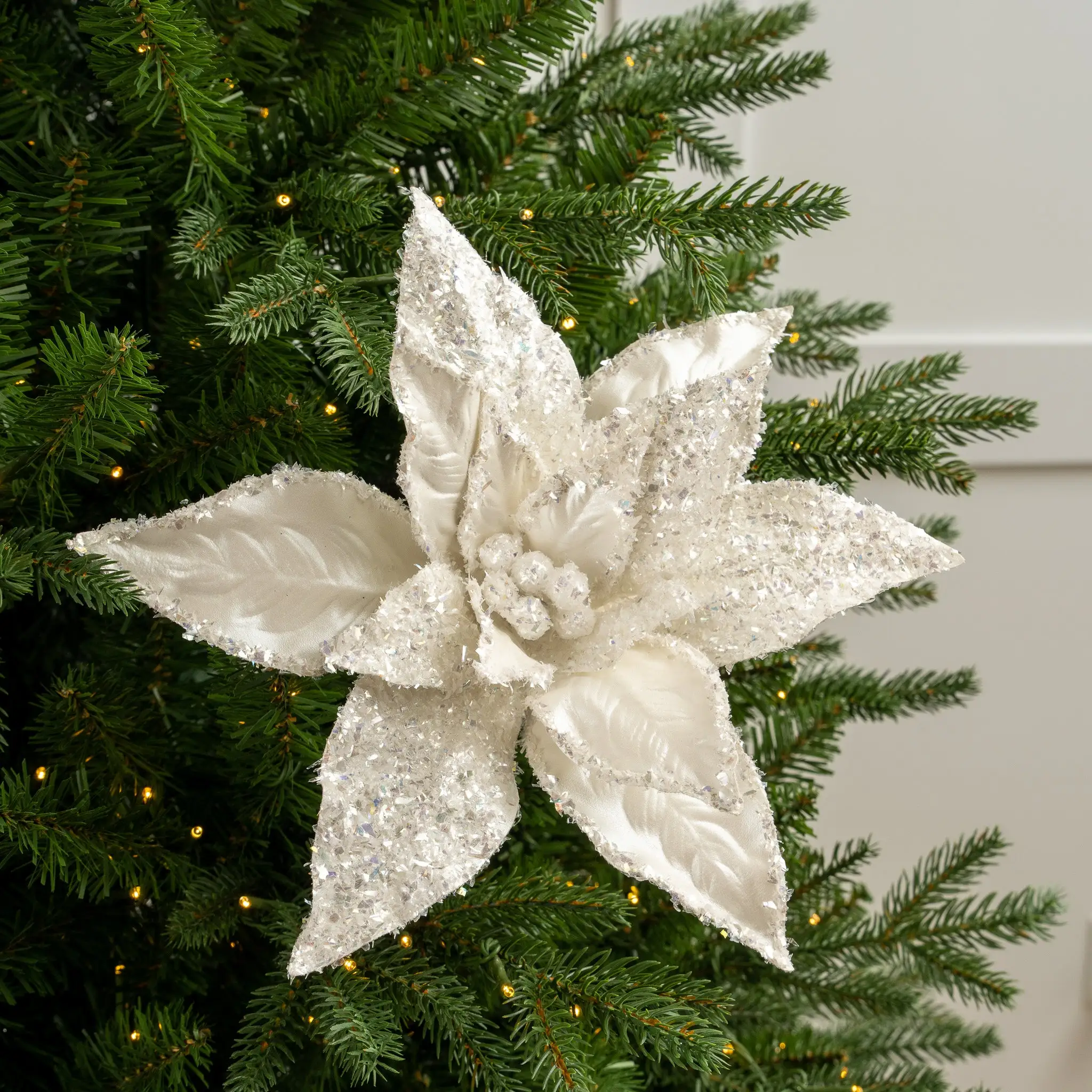 24" Silver Flake Metallic Poinsettia Stem Set Of 6 4 24" Silver Flake Metallic Poinsettia Stem Set Of 6 - Image 2