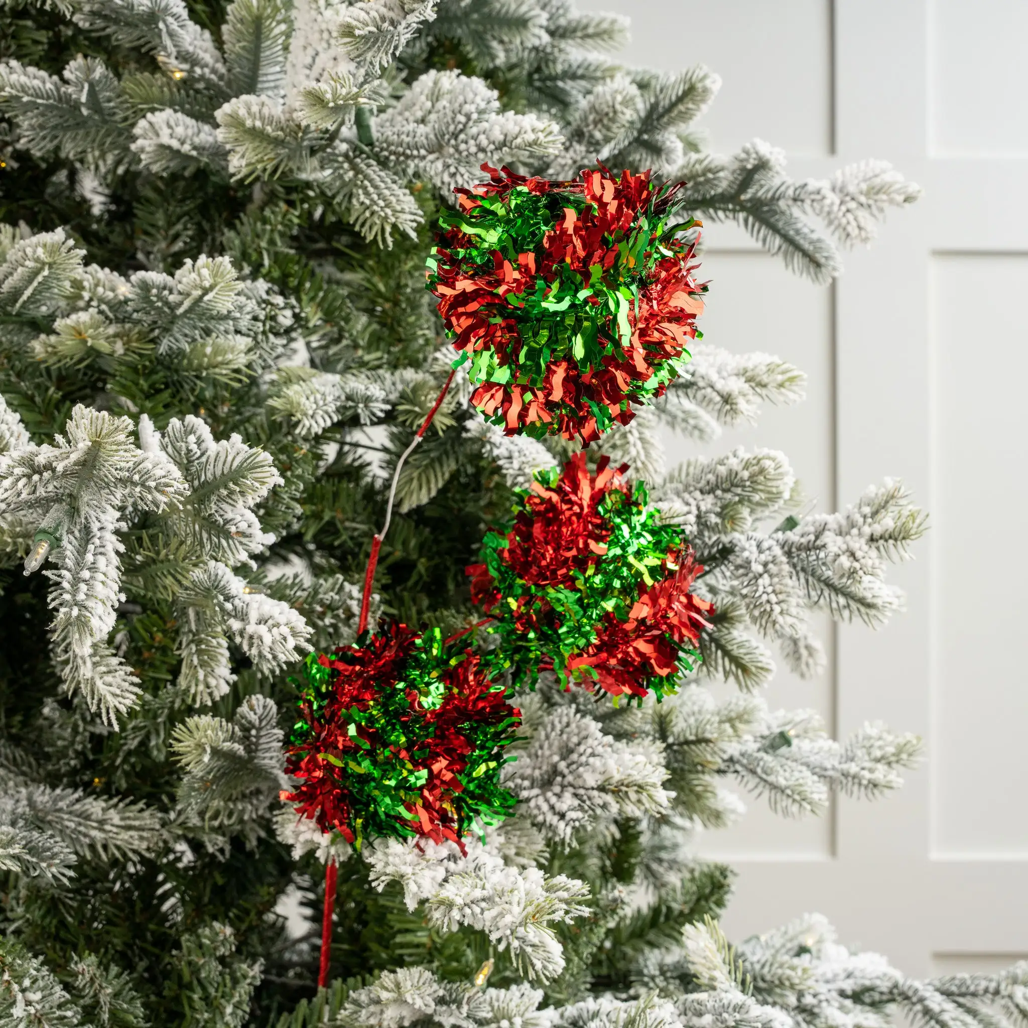 30" Red & Green Tinsel Ball Spray Set Of 6 4 30" Red & Green Tinsel Ball Spray Set Of 6 - Image 2
