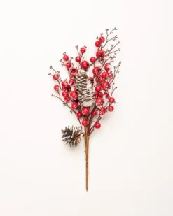16" Red Snow Berry Twig With Pinecones Set Of 6