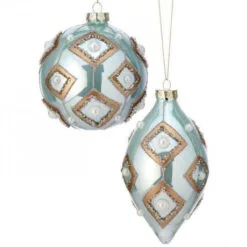 4"- 6" Aqua & Gold Metallic Jeweled Ball Set Of 6