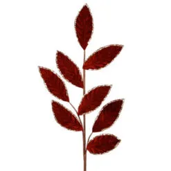 28" Burgundy Velvet Glitter Leaf Set Of 12