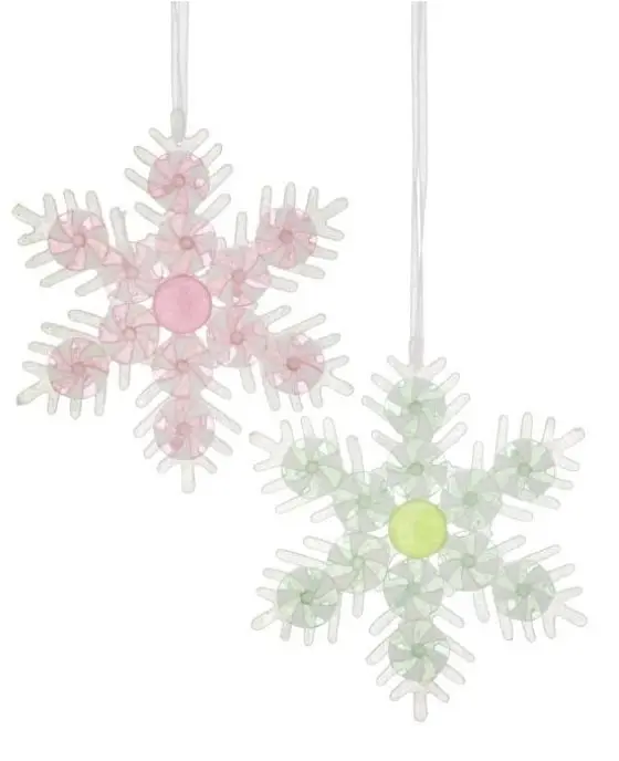 6" Pastel Pink & Green Snowflake Ornament Set Of 6 3 6" Pastel Pink & Green Snowflake Ornament Set Of 6