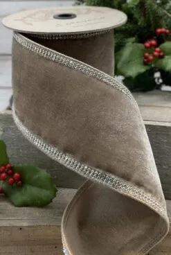 4" X 5 YD Taupe Velvet With Platinum Crystal Trim Ribbon